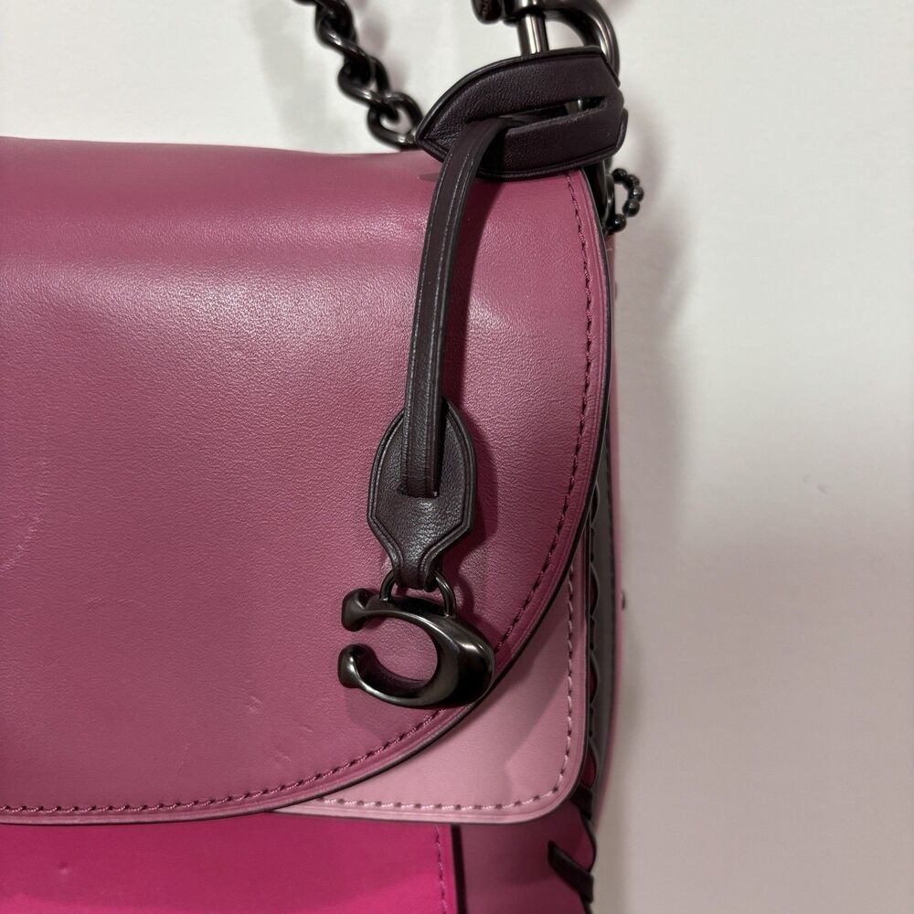 COACH Dreamer Shoulder Bag Pink Colorblock Whipstitch Leather Metal Crossbody - Picture 4 of 12